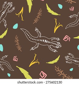 Seamless  illustration background pattern with lizards and plants of desert in vector