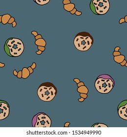 Seamless illustration of baking. Bakery publications. Croissants and donuts with icing on a dark blue background. Image for print, design, back surface, fabric, packaging, web. Colored vector illustra