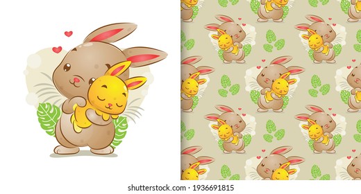 The seamless illustration of the big rabbit is holding her baby and she sleeping