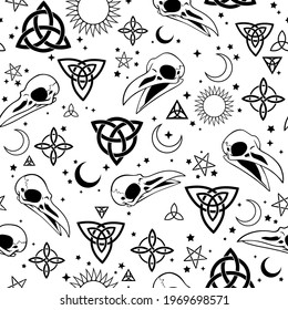 seamless illustration with bird skulls and scandinavian patterns