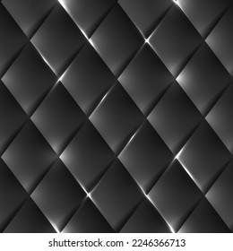 Seamless illustration of black background with shiny geometric grid. Rhombic pattern with light sparkles. Realistic abstact texture with polygonal lozenge shadows. 