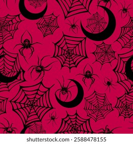Seamless illustration black web and spiders with crescent moons on red background