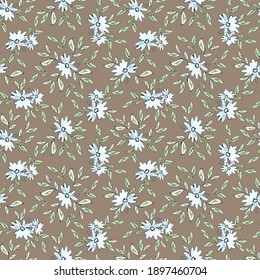 Seamless illustration with blue flowers and green foliage on a brown background. Floral patern. Paper packaging.