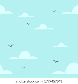 Seamless illustration with blue sky, clouds and birds. Ready for game design, web, mobile app design. Vector cartoon flat background.