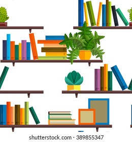 Seamless Illustration of bookshelfon wall with books in flat vector.