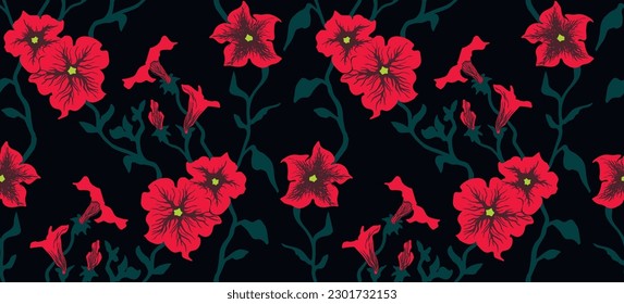 Seamless illustration branches with Petunia flowers. Floral Pattern in vector. Pattern collection.Wild flowers, leaves, branches, floral repeat pattern design set.. Handmade. Wallpaper, fabric design