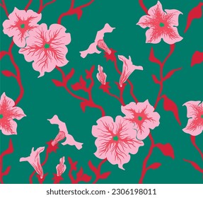 Seamless illustration branches with Petunia flowers. Floral Pattern in vector. Pattern collection.Wild flowers, leaves, branches, floral repeat pattern design set.. Handmade. Wallpaper, fabric design
