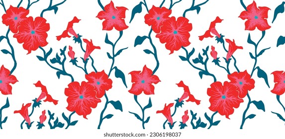 Seamless illustration branches with Petunia flowers. Floral Pattern in vector. Pattern collection.Wild flowers, leaves, branches, floral repeat pattern design set.. Handmade. Wallpaper, fabric design