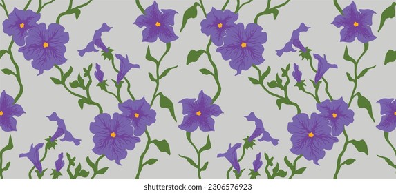 Seamless illustration branches with Petunia flowers. Floral Pattern in vector. Pattern collection.Wild flowers, leaves, branches, floral repeat pattern design set.. Handmade. Wallpaper, fabric design