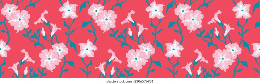 Seamless illustration branches with Petunia flowers. Floral Pattern in vector. Pattern collection.Wild flowers, leaves, branches, floral repeat pattern design set.. Handmade. Wallpaper, fabric design