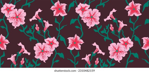 Seamless illustration branches with Petunia flowers. Floral Pattern in vector. Pattern collection.Wild flowers, leaves, branches, floral repeat pattern design set.. Handmade. Wallpaper, fabric design