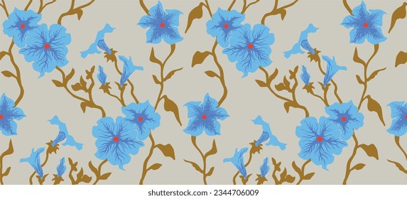 Seamless illustration branches with Petunia flowers. Floral Pattern in vector. Pattern collection.Wild flowers, leaves, branches, floral repeat pattern design set.. Handmade. Wallpaper, fabric design