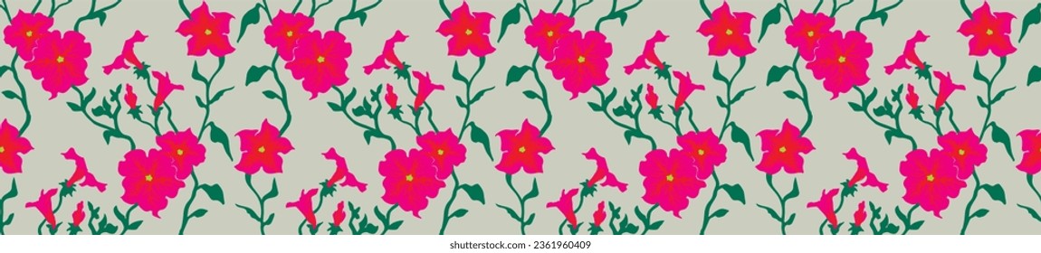 Seamless illustration branches with Petunia flowers. Floral Pattern in vector. Pattern collection.Wild flowers, leaves, branches, floral repeat pattern design set.. Handmade. Wallpaper, fabric design