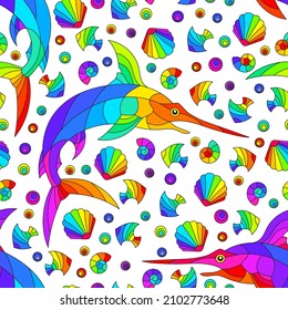 Seamless illustration with bright abstract swordfish, and shells, animals on a white background