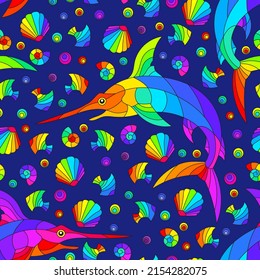 Ilustración sin foco con pez espada abstracto brillante, y conchas, animales sobre un fondo azul