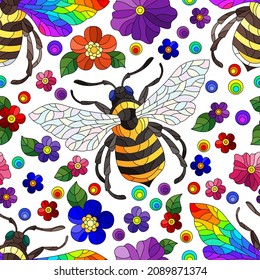 Seamless illustration with bright bees and flowers, insects and flowers on a white background