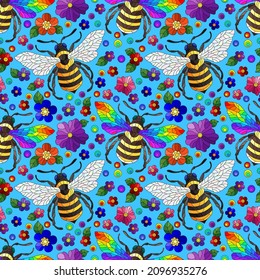 Seamless illustration with bright bees and flowers, insects and flowers on a blue background