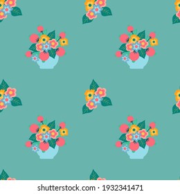 Seamless illustration with bright colors against green background. Vector illustration. Spring flowers. Background.