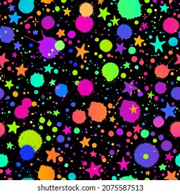 seamless illustration of bright drops of paints on a black background