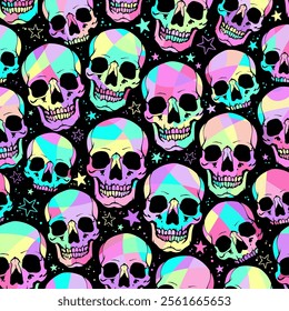 Seamless illustration of bright human skulls and stars