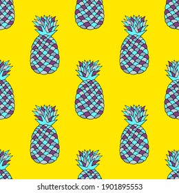Seamless illustration with bright pineapples on a yellow background.