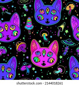 seamless illustration of bright psychedelic cat 