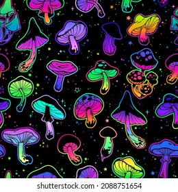 Seamless illustration with bright psychedelic mushrooms