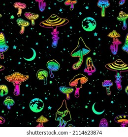 Seamless illustration with bright psychedelic mushrooms and moons