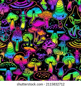 Seamless illustration with bright psychedelic mushrooms