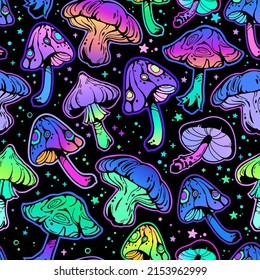 Seamless illustration with bright psychedelic mushrooms