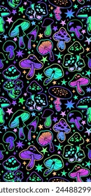 Seamless illustration of bright psychedelic mushrooms and stars