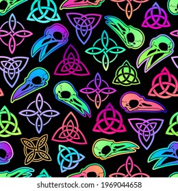 seamless illustration with bright scandinavian symbols and bird skulls on a black background