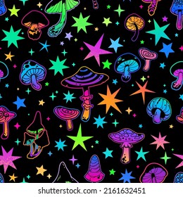 seamless illustration with bright stars and psychedelic mushrooms on a black background