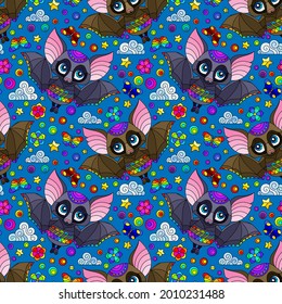 Seamless illustration with cartoon bats, flowers and stars, animals on a blue background