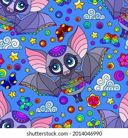 Seamless illustration with cartoon bats, flowers and stars, animals on a blue background