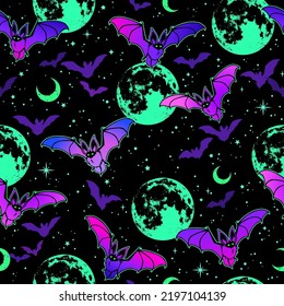 seamless illustration of cartoon bats on the background of a bright full moon