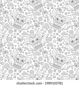 Seamless illustration with cartoon contour bats, flowers and stars, outline animals on a white background