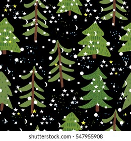 Seamless illustration with christmas trees. Vector illustration on black background.