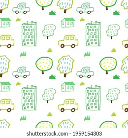 Seamless illustration with city life, houses, trees, cars. Trendy modern texture for fabric, wallpaper, textile and apparel. Vector illustration. Background.