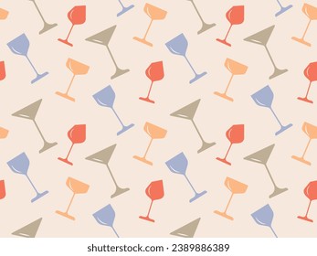 Seamless illustration. Cocktail glasses of different shapes and colors for Martini, Margarita, wine and champagne. For postcard, poster, invitation or restaurant menu for beach party, wallpaper or