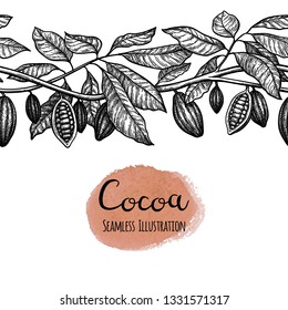 Seamless illustration of cocoa. Branches and pods. Ink sketch isolated on white background. Hand drawn vector illustration. Retro style.