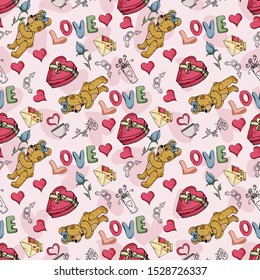 seamless illustration of colored and contour drawings of Teddy bears boy and girl on the theme of love and Valentines day for decoration backgrounds vector EPS 10