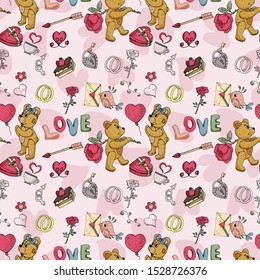 seamless illustration of colored and contour drawings of Teddy bears boy and girl on the theme of love and Valentines day for decoration backgrounds vector EPS 10