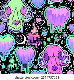 Seamless illustration with colorful animal skulls and liquid hearts