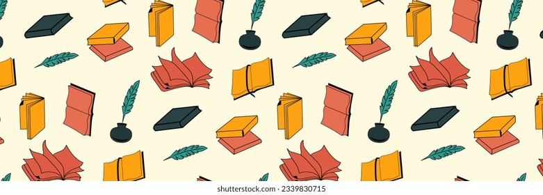 Seamless illustration of colorful books. Learn and study. With open book object, closed book. Education and knowledge.