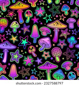 Seamless illustration of colorful bright mushrooms and stars