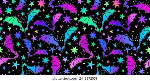 Seamless illustration of colorful flying bats