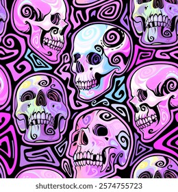 Seamless illustration of colorful human skulls decorated with spirals