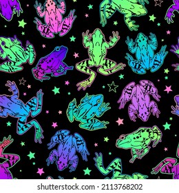 Seamless illustration with colorful iridescent frogs