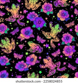 Seamless illustration with colorful rainbow frogs and flowers